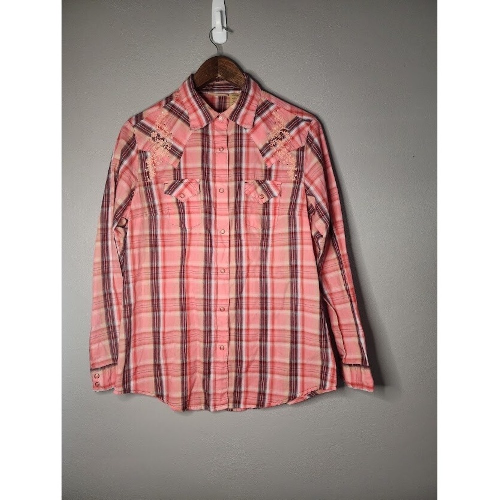 Womens Wrangler EmbroiderWestern Coral Brown Plaid Pearl Buttons Cowgirl Rodeo M